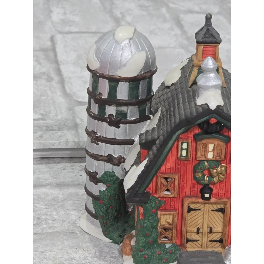 O'Well China Red Barn Silo Christmas Village House 1997 w/ white brick house‎